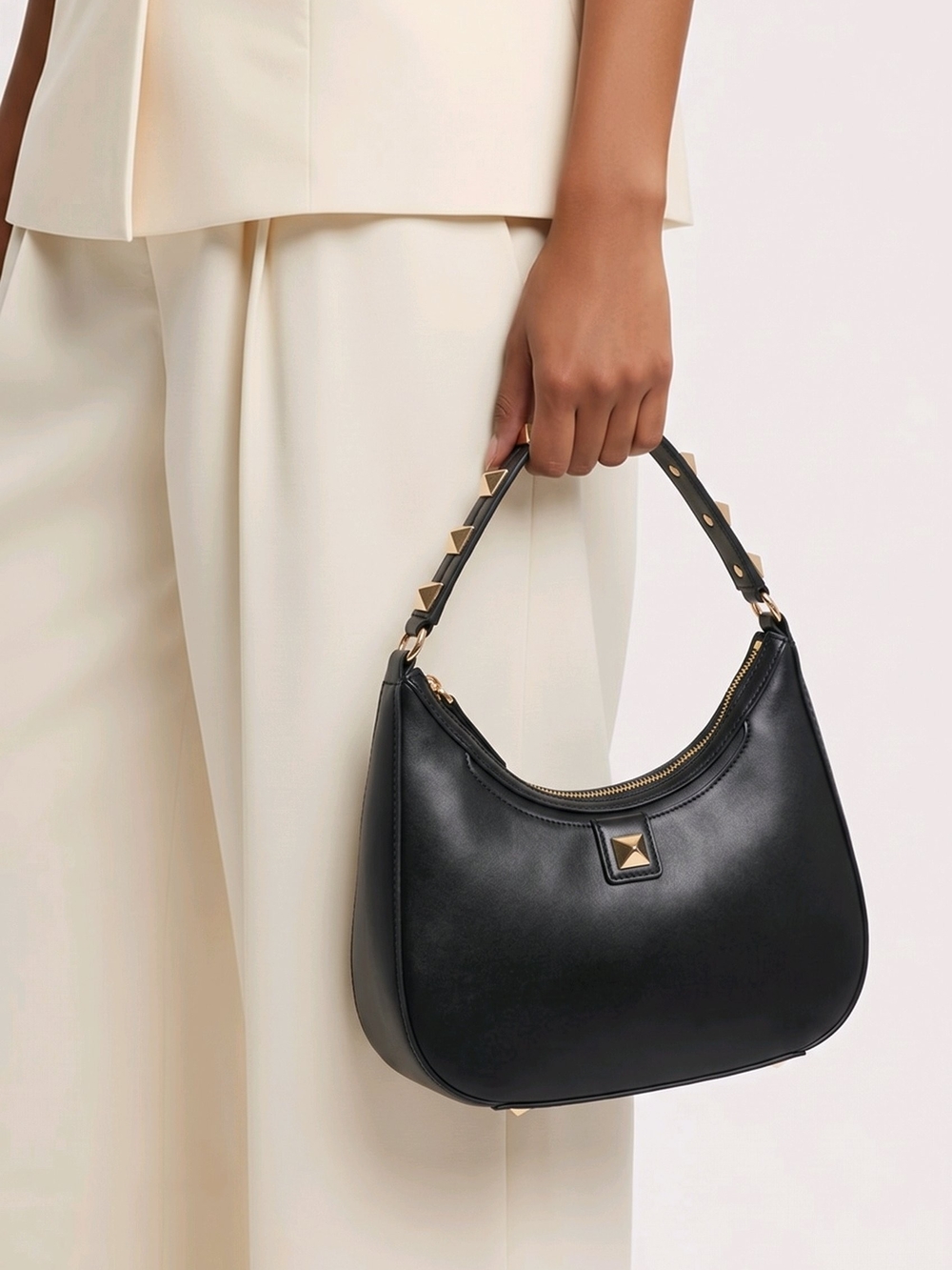 BCBGMaxAzria Black Leather Stud-Accent Shoulder Bag